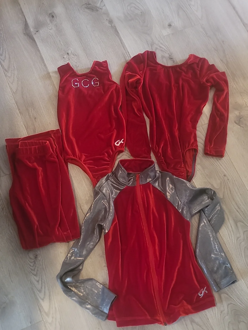 GK Leotard Set Red Velvet Gymnastics Leotard and Jacket/Pant Set CM & CL EUC!